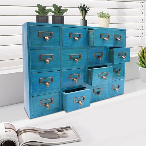 Apothecary Cabinet with 16 Drawers Card Catalog Cabinet, Library Card Catalog Drawer with Metal Handles & Label Slot Wooden Desk Drawer Organizer for Herb Storage, Tea Collection (Blue)