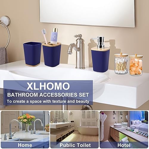 Bathroom Accessories Set, 9 Piece Navy Blue Bathroom Accessory Set with Trash Can,Toothbrush Holder,Toothbrush Cup,Lotion Soap Dispenser,Vanity Tray,Soap Dish,Toilet Brush,Qtip Holder