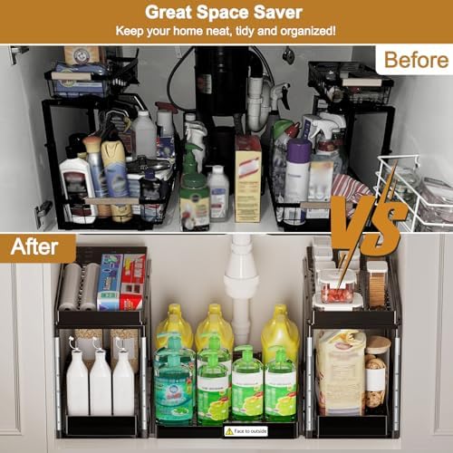 NIUXX Expandable Under Sink Organizer: 2 Tier Height Adjustable