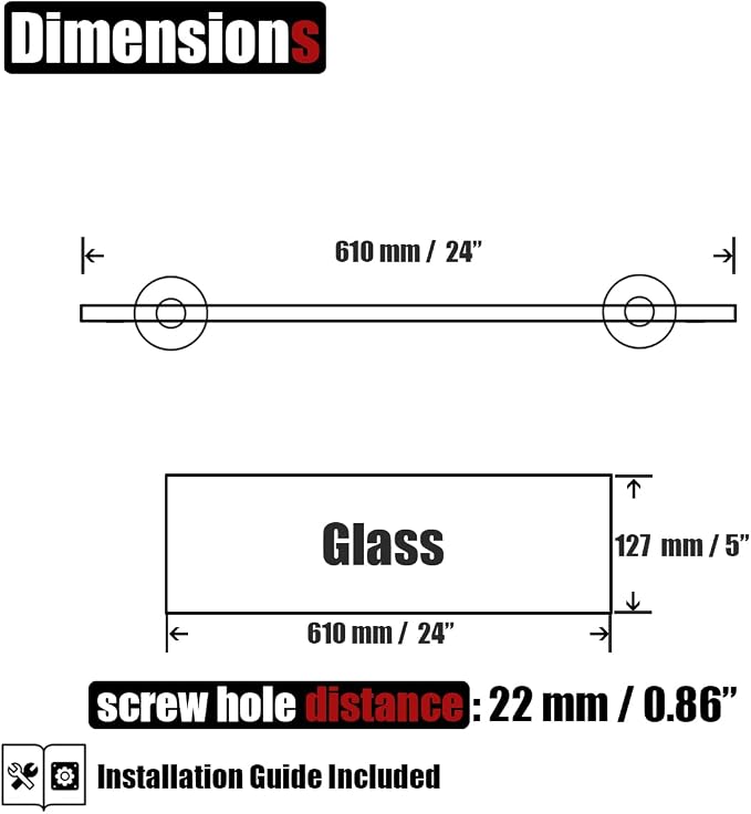 JQK Bathroom Glass Shelf Chrome, Tempered Glass Shower Storage 24 by 5 inches, 304 Stainless Steel Polished Chrome Wall Mount, TGS101L24-CH