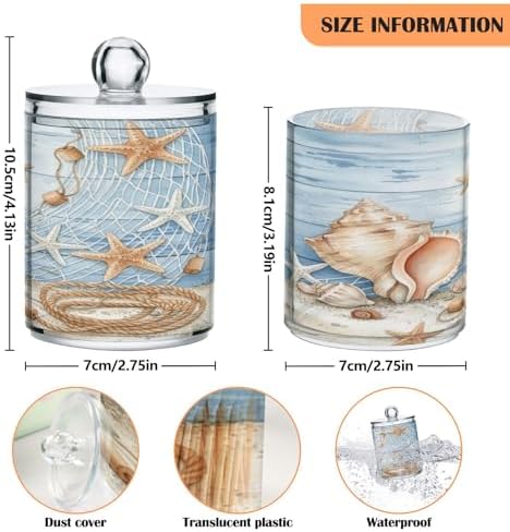 ALAZA 2pcs Starfish Seashell Tropical Beach Qtip Holder Dispenser 14 oz Bathroom Storage Clear Apothecary Jars Containers Cotton Ball,Cotton Rounds,Floss Picks, Hair Clips, Food