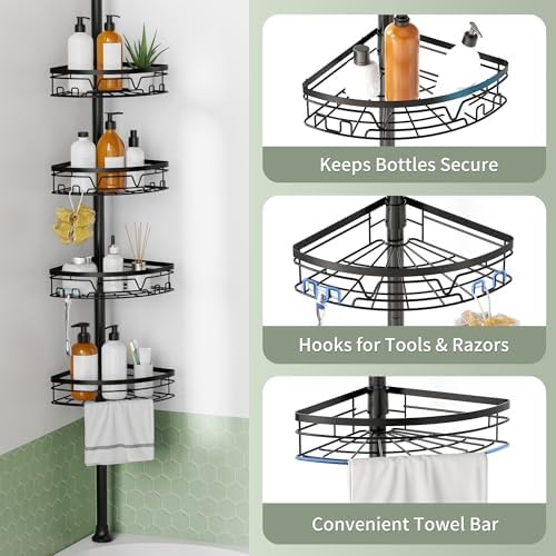 KEGII Corner Shower Caddy Tension Pole, Fan-Shaped Large Capacity Organizer