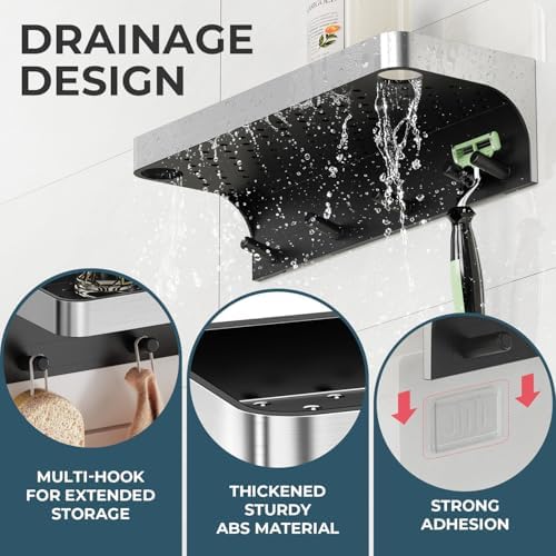 Shower Caddy Adhesive with 5 Hooks & Drainage, No-Drill, Silver