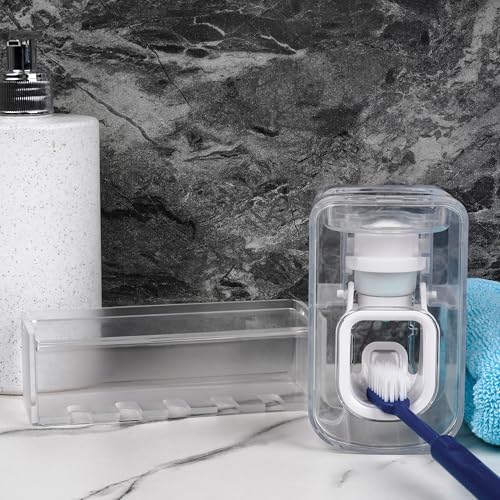 5 Slots Wall Mount Toothbrush Holder with Cover, Self Adhesive Tooth Brush Storage Organizer for Shower Bathrooms, Toothbrush Stand with Automatic Toothpaste Squeezer Dispenser