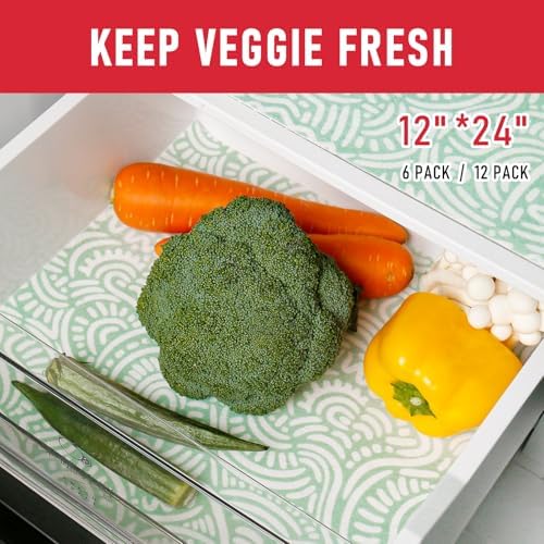 Cooyes 12 Pack Fridge Bin Liners, 12“ × 24” Refrigerator Mats with Non-Slip Particles, Drawer Liners for Kitchen Cabinets, Breathable Cloth Material BPAfree, Keep Produce Fresh Longer