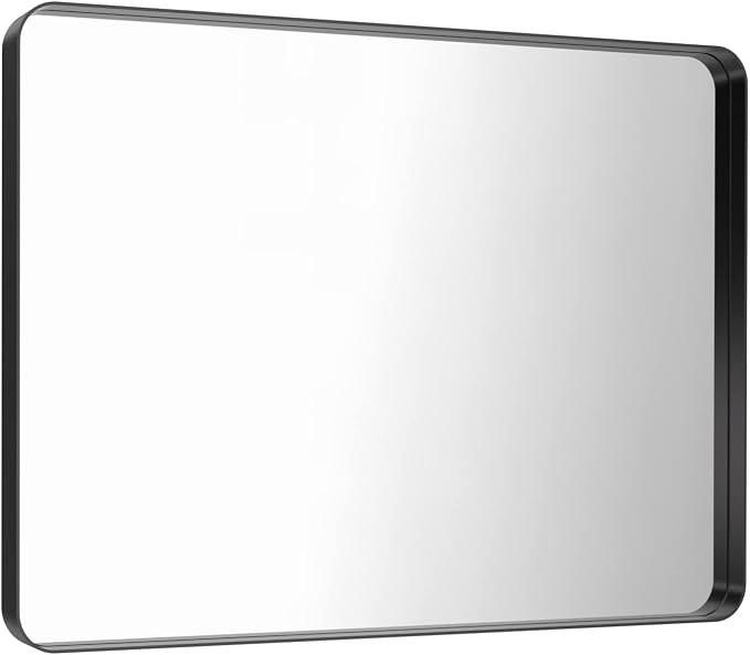 LOAAO 40X30 Inch Black Bathroom Mirror Metal Framed | Matte Black, Rounded Rectangle, Anti-Rust, Tempered Glass, Hangs Horizontally or Vertically
