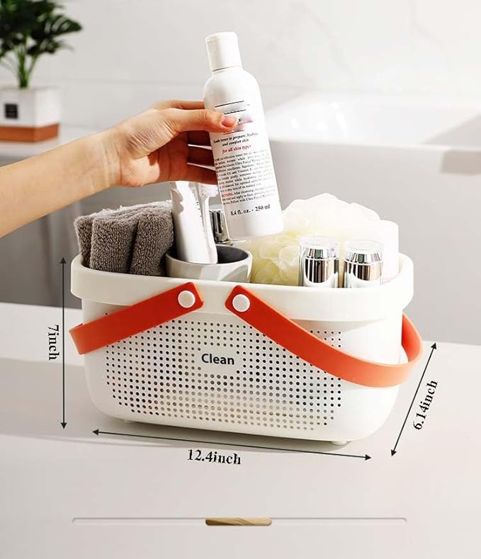 2 Pack Plastic Basket with Handles, Portable Shower Caddy Basket, Dorm Caddy Storage Organizer for Shampoo, Conditioner, Lotion, Bathroom 12.4 * 6.14 * 7inch - White