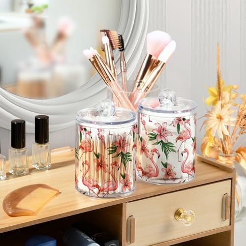 MNSRUU 4 Pack Qtip Holder Organizer Dispenser Pink Watercolor Flamingos Bathroom Containers Bathroom Vanity Storage Canister Apothecary Jars for Cotton Swabs/Pads/Floss