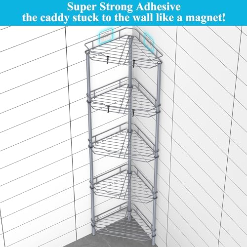 HuggieGems Metal Floor Standing Corner Shower Caddy, Dark Gray, 5 Tier