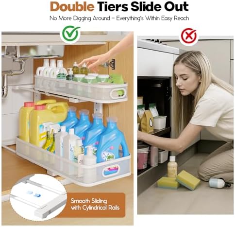 2 Pack 21.3IN-Depth Under Sink Organizer with Smooth Cylindrical Rail,2-Tier Pull Out Multi-Purpose Cabinet Storage for Bathroom&Kitchen,Height Adjustable,Rust-Resistant Coating-White