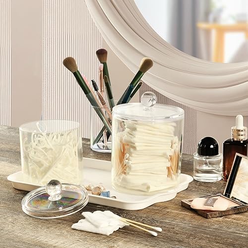 Gredecor Ivory Apothecary Jars with Lids for Bathroom & Kitchen Organization Containers Acrylic Plastic Organizers Great for Q-Tip Cotton Swabs, Jewelry, Food & Candy Storage, Set of 2 Sizes