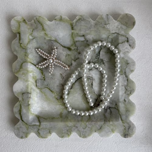 Vintage Natural Marble Tray Small Ornaments Scalloped Tray Handmade Storage Dish for Counter, Vanity, Dresser, Nightstand and Desk (Green Emerald)