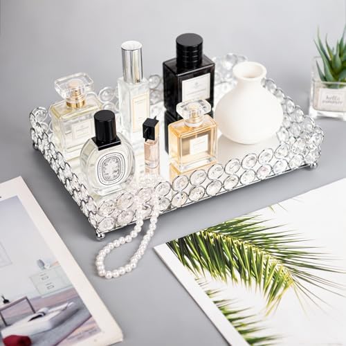 Feyarl Crystal Vanity Makeup Perfume Tray Ornate Jewelry Trinket Organizer Cosmetic Decorative Tray Skin Care Storage for Home Dressing Table Wedding Decoration(Rectangle 12" x 8")
