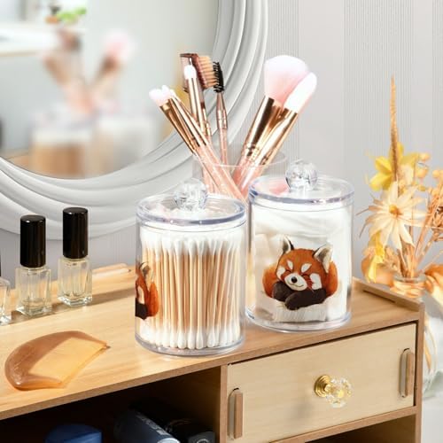 Fustylead 4 Pack Sleepy Cute Red Panda Plastic Apothecary Jars with Lid, Bathroom Vanity Storage Organizer Canister for Qtip, Cotton Ball, Swab, Round Pads, Floss