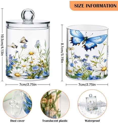 MNSRUU 2 Pack Qtip Holder Organizer Dispenser Spring Wildflowers and Leaf Bathroom Storage Canister Cotton Ball Holder Bathroom Containers for Cotton Swabs/Pads/Floss