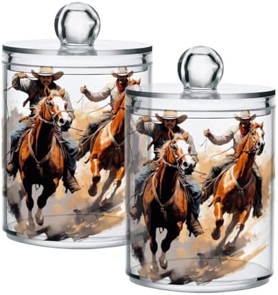 Western Cowboy Portrait Qtip Holder 2 Pack - 10 Oz Clear Plastic Apothecary Jar Set for Bathroom Organization - Versatile Canister Storage for Cotton Balls, Swabs, Rounds