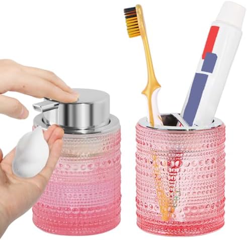 Pink Bathroom Accessory Set, Glass Foam Soap Dispenser and Toothbrush Holder Set, Bathroom Soap and Toothbrush Holder Set, Glass Foaming Hand Soap Dispenser for Countertop Decor