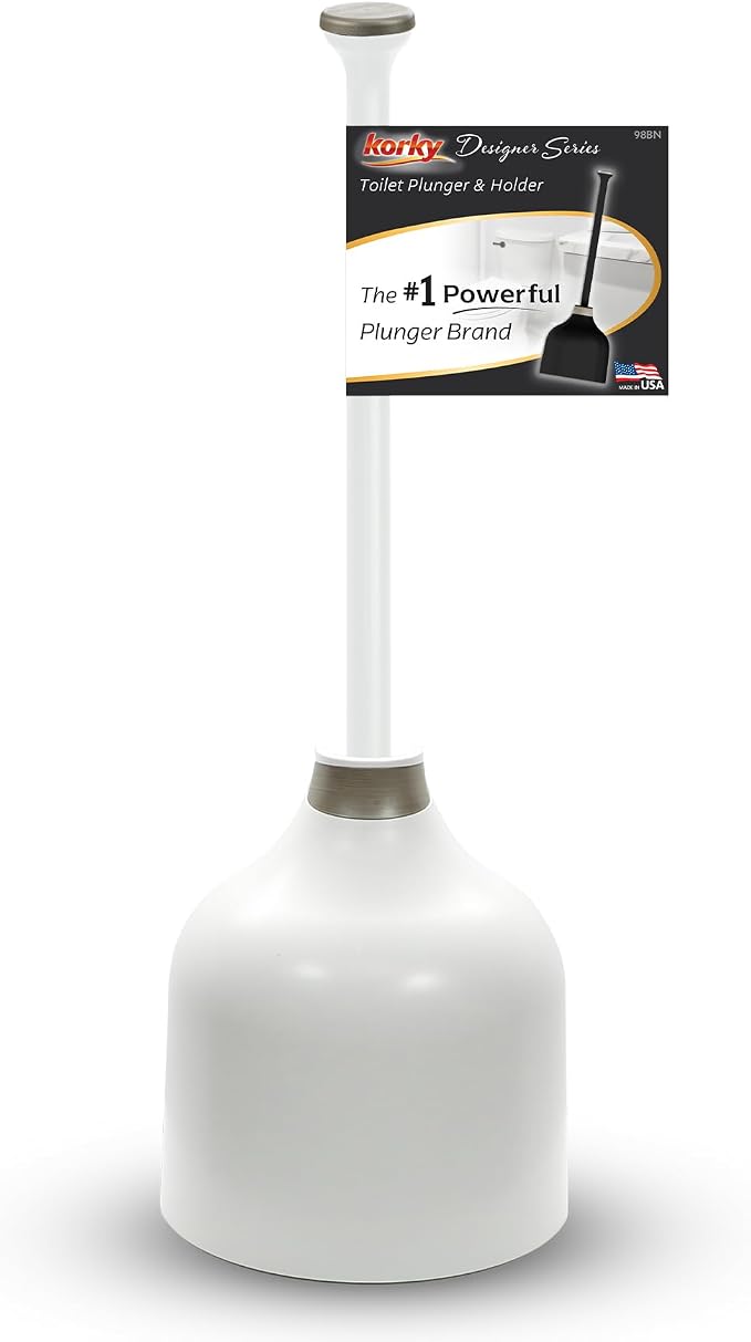 Korky White Toilet Plunger and Holder – Fast Clog Removal - Made in USA