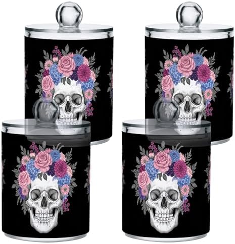 MNSRUU 2 Pack Qtip Holder Organizer Dispenser Skull and Flowers Bathroom Storage Canister Cotton Ball Holder Bathroom Containers for Cotton Swabs/Pads/Floss