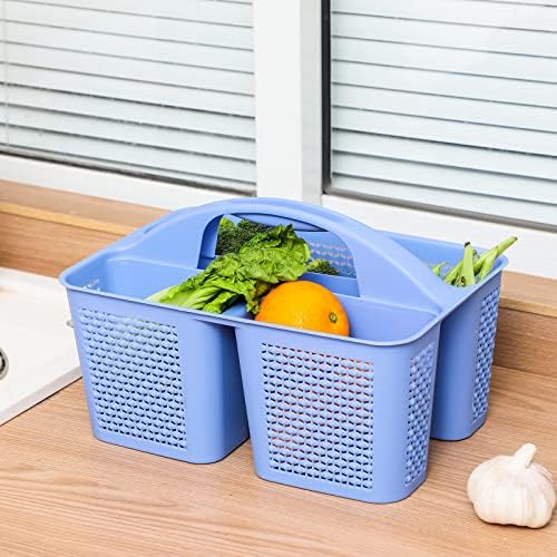 Plastic Portable Shower Caddy Basket with Handle, 3 Compartments, Dark Blue