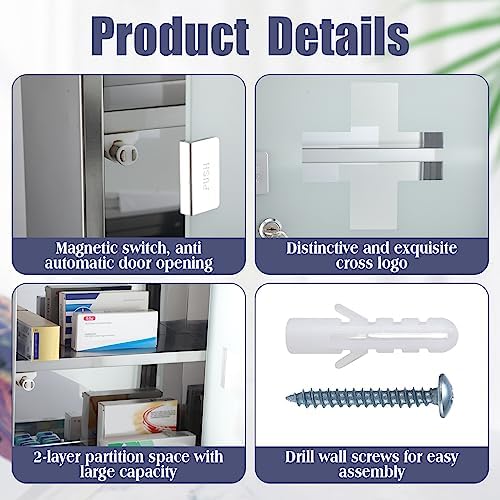 Timgle First Aid Wall Cabinet with Lock Medicine Wall Mounted Bathroom Storage Hanging Medical Cabinet with Safety Glass Door for Bathroom(2 Shelves,Silver)