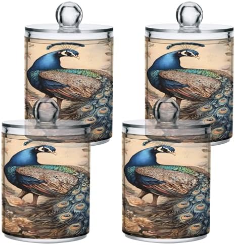 ALAZA Peacock Peony Flower Floral 4 Pack Qtip Holder Dispenser for Cotton Swabs, Balls, Pads, Floss 10 oz Plastic Canister Organizer