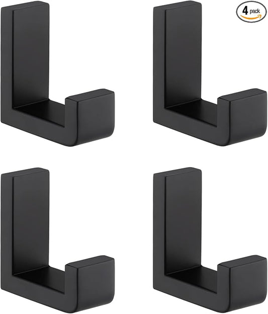 Angle Simple Bathroom Towel Hooks, SUS 304 Stainless Steel Robe Coat Holder Hanger Wall Mounted, Matte Black, 4 Pack
