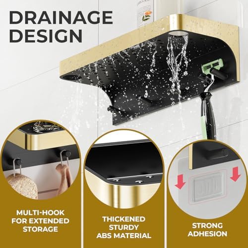 Shower Caddy Adhesive with 5 Hooks & Drainage, No-Drill, Gold