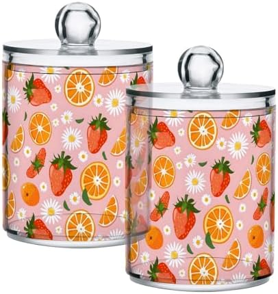 ALAZA 4pcs Strawberry Orange Fruit Daisy Flower Qtip Holder Dispenser 14 oz Bathroom Storage Clear Apothecary Jars Containers Cotton Ball,Cotton Rounds,Floss Picks, Hair Clips, Food