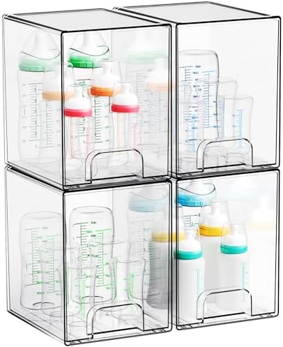 Yieach 7.5" High Stackable Storage Bins,4 Pack Bottle Station and Baby Bottle Storage Organizer for Countertop,Clear Acrylic Drawers for Pacifier,Breast Pump Parts,Storage Containers,Makeup and Lotion