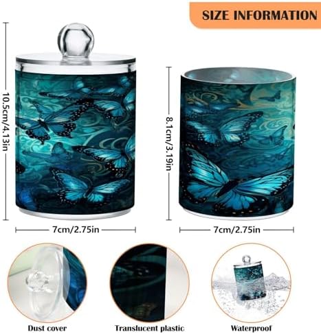 Qtip Holder Dispenser Apothecary Jars with Lids Blue Butterfly Clear Bathroom Container Cotton Swab Ball Holder 2 Pack