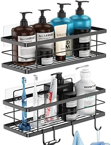Large Shower Caddy Basket Shelf, 2 Pack, Bathroom Storage Organizer with 4 Hooks, Adhesive No Drilling Wall Mounted, SUS304 Stainless Steel Shower Organizer for Kitchen - Black