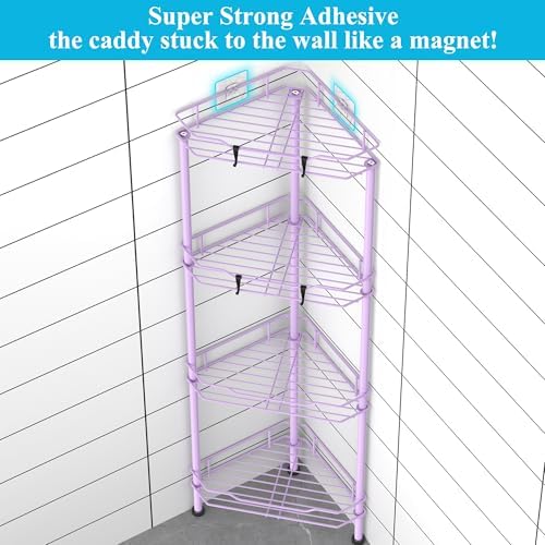 HuggieGems Metal Floor Standing Corner Shower Caddy, Light Purple, 4 Tier