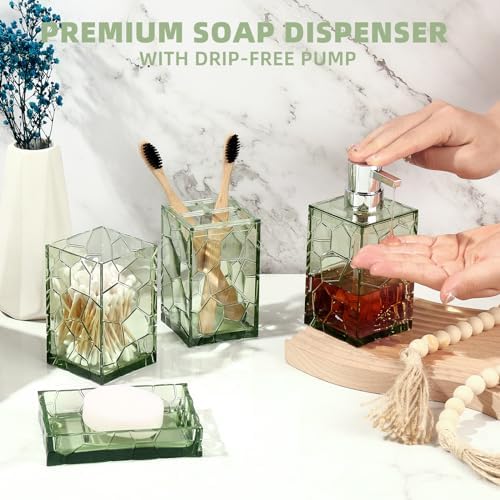 GAHEFY Green Bathroom Accessories Set with Toothbrush Holder, Soap Dispenser, Tumbler, Soap Dish, Sage Green Bathroom Decor, Acrylic (Green-4pcs)