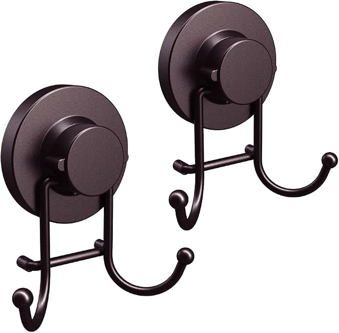 HOME SO Suction Cup Hooks for Shower & Bathroom Towel Holder 2-Pack – Suction Cups Hooks for Hanging Towels, Robes, & Coats - Tiles, Glass Door or Mirror – Shower and Towel Hooks - Bronze, Stainless