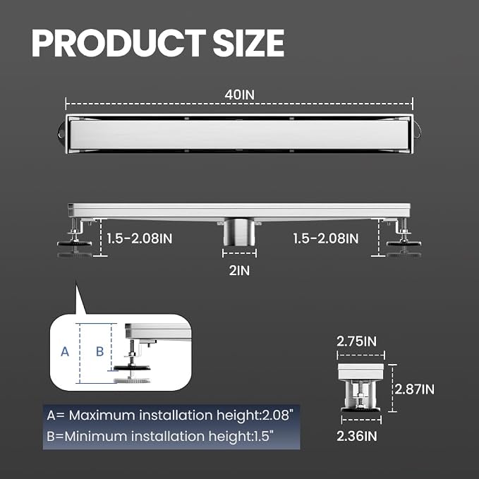 Linear Shower Drain 40 Inch, Brushed AISI 304 Stainless Steel Shower Drain with 2-in-1 Tile Insert Panel, for Bathroom, Kitchen, Garage & More