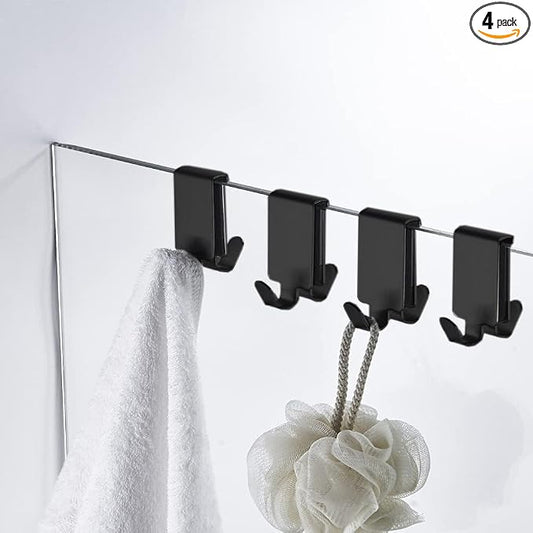 Double Hooks for Glass Shower Door, Towel Hooks Over The Bathroom Glass Wall 0.31-0.39in, Stainless Steel, Black 4 Pack