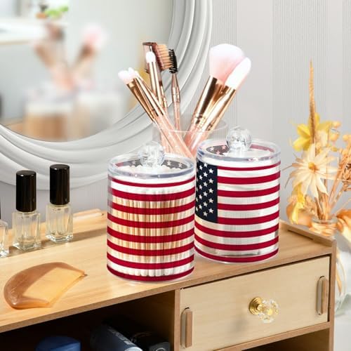 ALAZA Hipster American Flag 2 Pack Qtip Holder Dispenser for Cotton Swabs, Balls, Pads, Floss 10 oz Plastic Canister Organizer