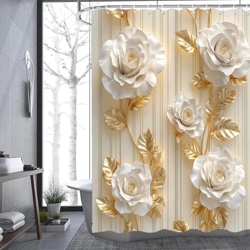NBVKO 4Pcs Luxury White Rose Shower Curtain Set with 12 Hooks Non-Slip Rugs,Toilet Lid Cover and Bath Mat,Gold Bathroom Decor for Hotel & Home Bathroom