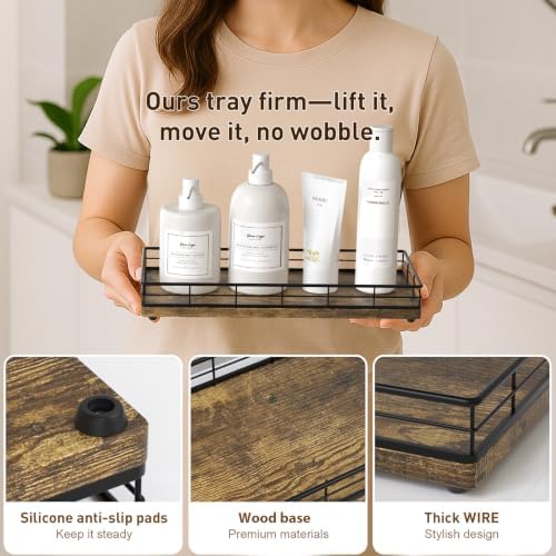 Toilet Paper Basket Organizer, Wood Toilet Tank Tray with Metal Frame