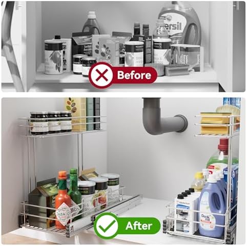 2 Pack Under Sink Organizer 9"W X17"D, Pull Out Cabinet Organizer 2 Tier,