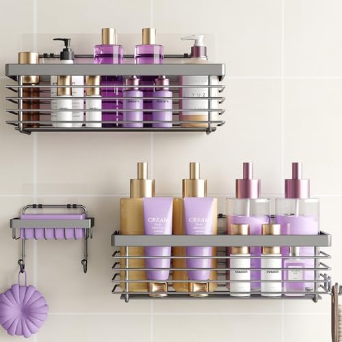 Shower Caddy Adhesive 3 Pack Stainless Steel Storage Organizers-Grey
