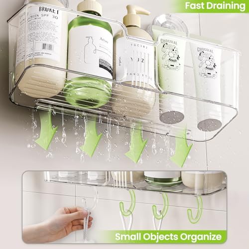 LUXEAR Shower Caddy Suction Cup, No Drilling Strong Hold Shower Organizer with Hooks & Soap Dish Fast Draining Removable Reusable Bathroom Storage Shelf Friendly for Bathroom/Kitchen/RV 22LBS Capacity