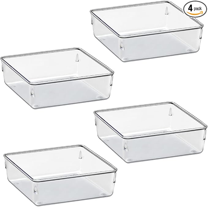Acrimet Drawer Organizer Modular, Box Tray Storage Bins for Office, Home, Makeup, Kitchen, Junk Drawer ( 4 Pieces) (Clear Crystal Plastic)