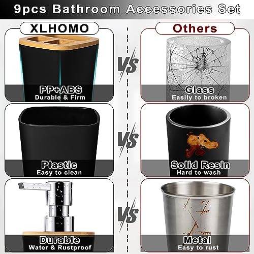 XLHOMO Black Bathroom Set - 9 Piece Accessory Set with Trash Can