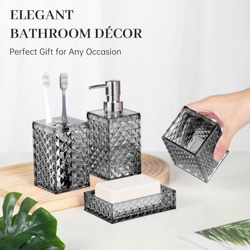 Bathroom Accessory Set, Grid Pattern 4 Pcs Plastic Bathroom Set, Grey