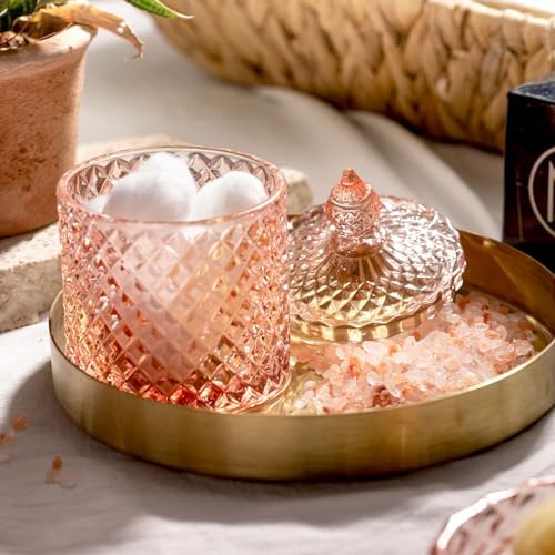 EMPO 5Pcs Diamond Glass Bathroom Accessories Complete Set, Triangle Vintage Lotion Dispenser, Soap Dish, Toothbrush Holder, Tumbler, Cotton Swab Jars, Modern Decor, Housewarming Gift Set (Fresh Pink)