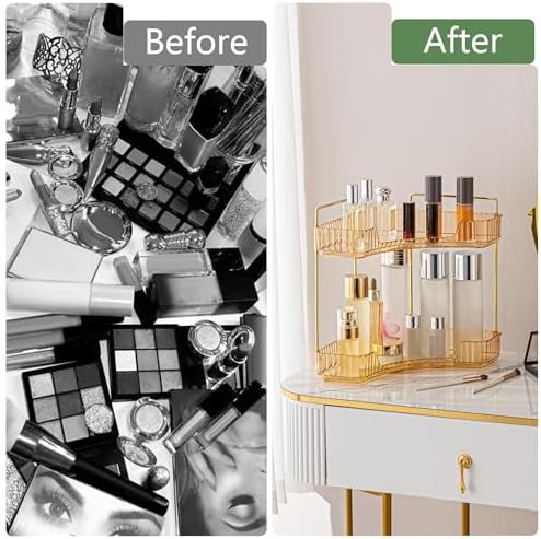 Corner Bathroom Counter Organizer Bathroom Countertop Shelf Makeup Organizer for Vanity Perfume Tray for Corner Storage (2 Tiers, Gold)