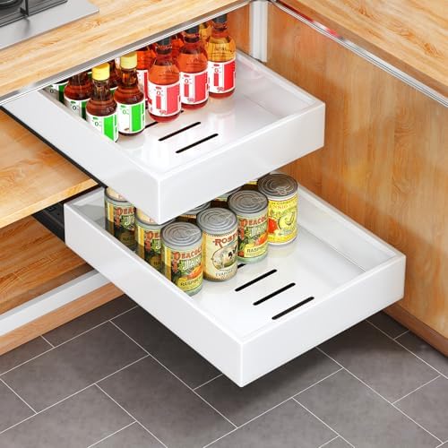 Pull out Cabinet Organizer, 21"Deep, 11.8"Wide Full-Extension Heavy Duty Slide out Drawers with Nano Adhesive, Roll Out Shelves Sliding Cabinet for Kitchen, Bathroom, Pantry,Under Sink Storage(White)
