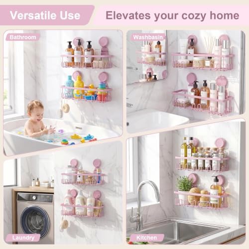 JOTPE Pink Suction Cup Shower Caddy, 2 Pack Bathroom Organizer with Hooks